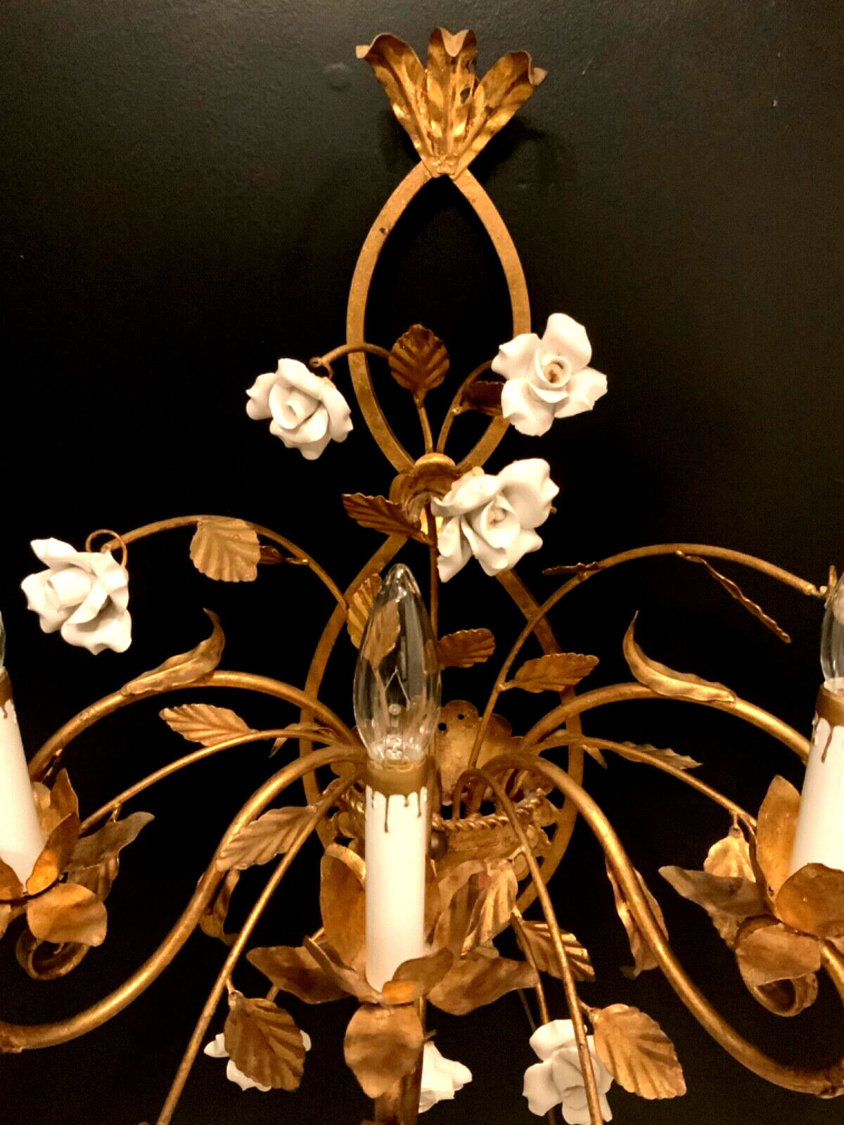 VTG ITALIAN Gold Gilt White PORCELAIN Roses Wall 5 Light SCONCE Stunning Quality