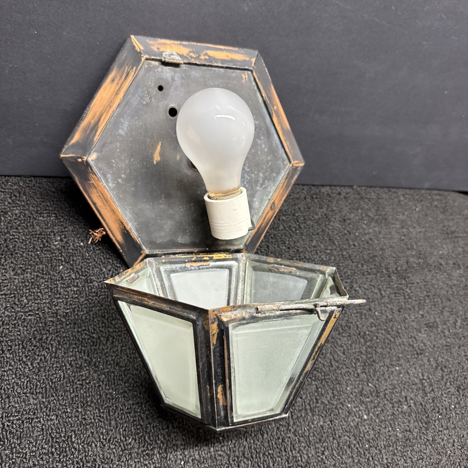 Small 6 Sided Mid Century Aged Copper Flush Mount Ceiling Fixture Preowned