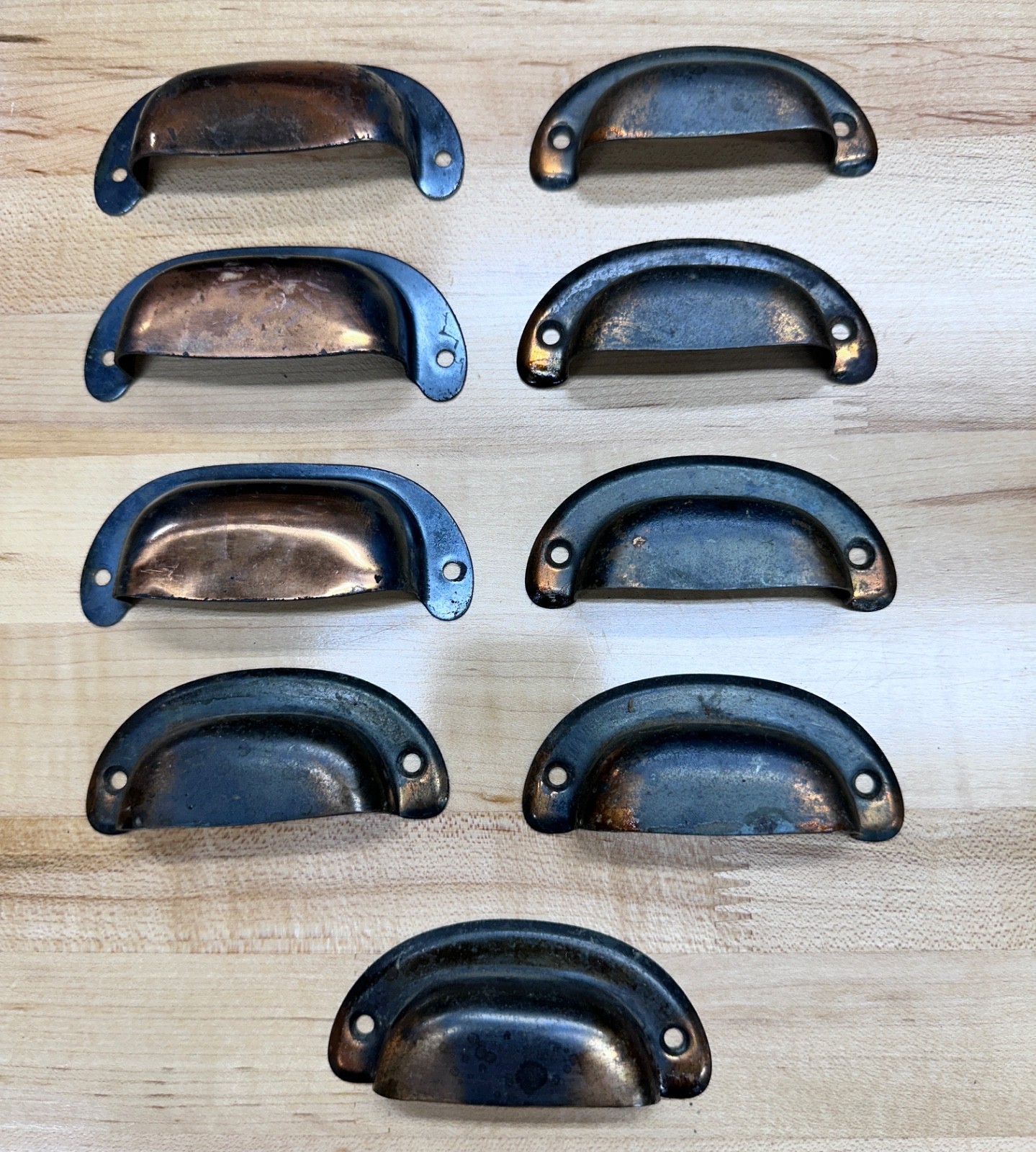 9 Vintage Coppertone Metal Bin/Cup Cabinet Drawer Pulls