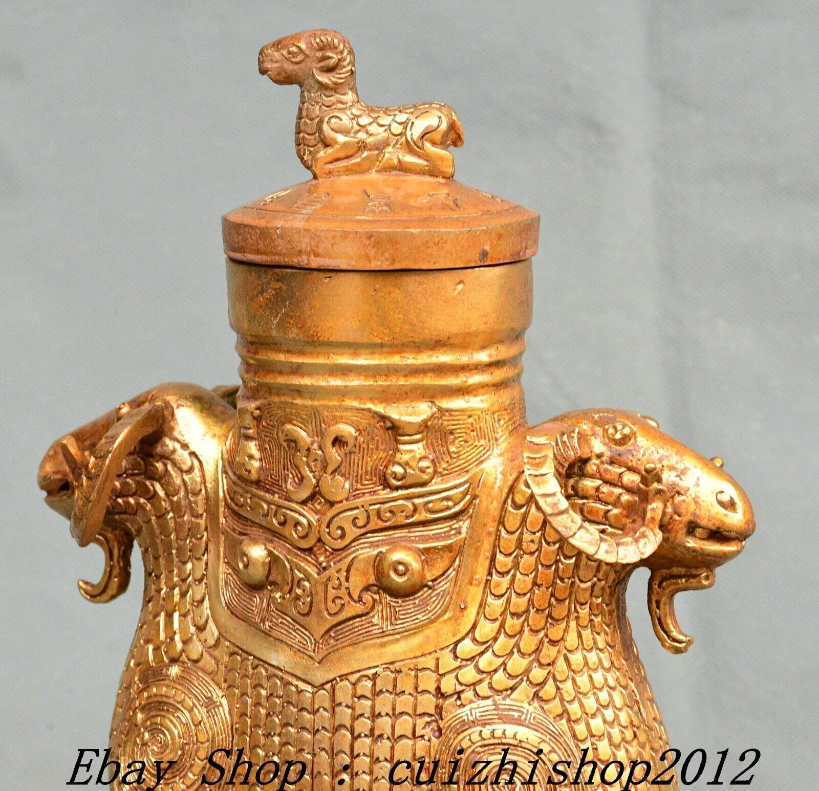 10″ Old Chinese Dynasty Bronze Ware Gold Sheep Goat Beast Head Zun Bottle Vase