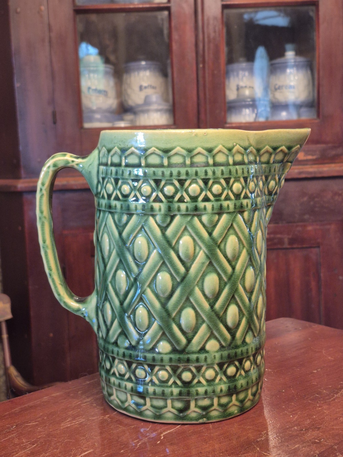GORGEOUS Antique Green LATTICE & BEADS Yellow Ware Pitcher