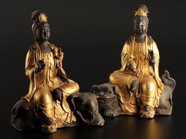 Japanese Antique (late 19thC) Pair Gilded Bronze Statues, Bodhisattva