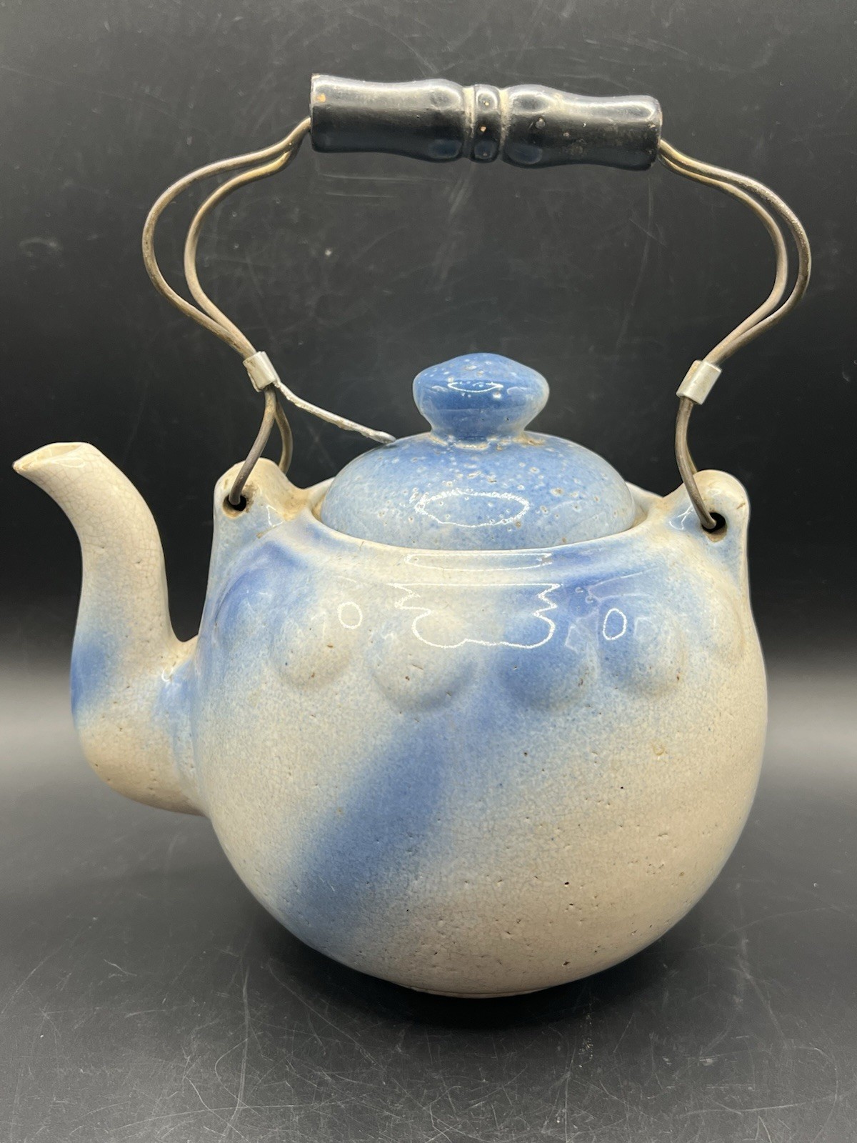 Vintage (1850-1899) Blue & White Swirl Covered Teapot Salt Glazed Pottery w/ Lid