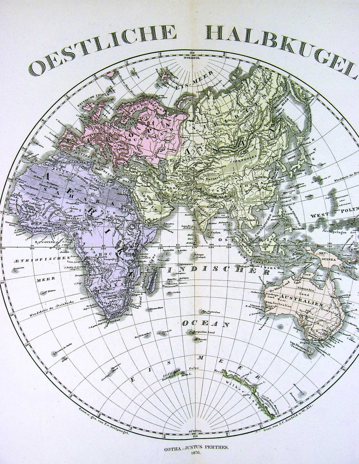 1876 Steiler Map Eastern Hemisphere Europe Africa Asia Australia World Antique