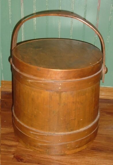 Handsome antique 3-Banded Wooden Firkin Bucket with Lid 10 ½” bottom 10″ high