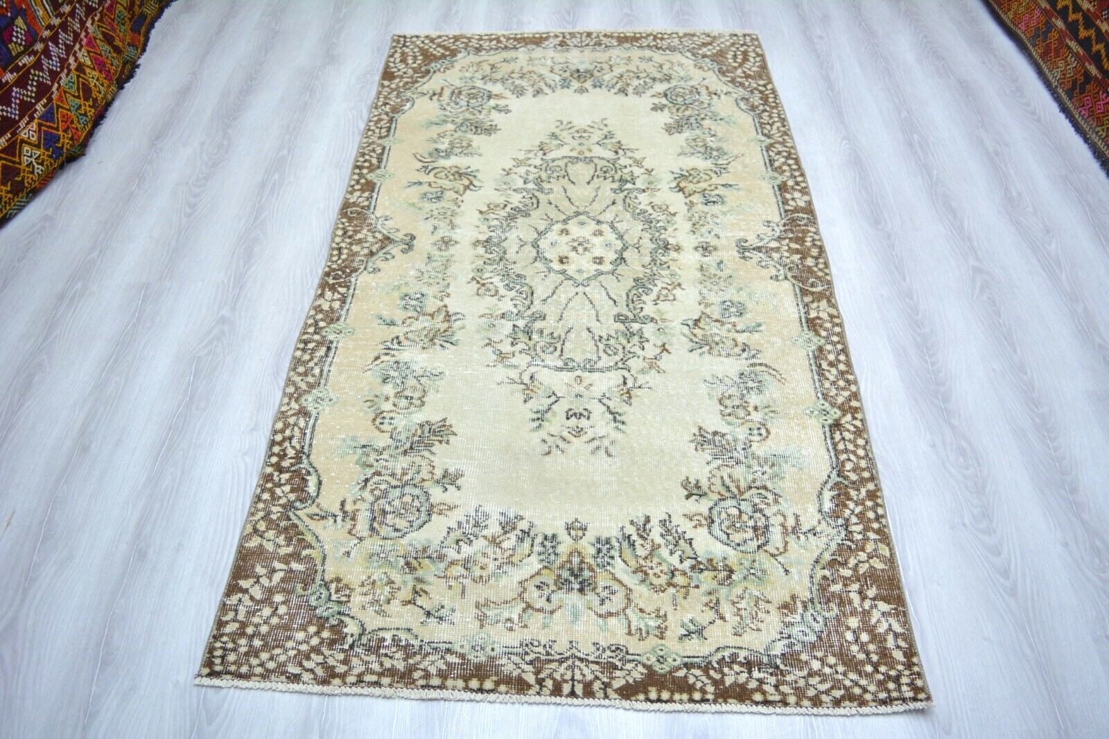Beige Bordered Turkish Vintage Rug, 3.8×6.9ft, Beige Antique Handmade Floral Rug