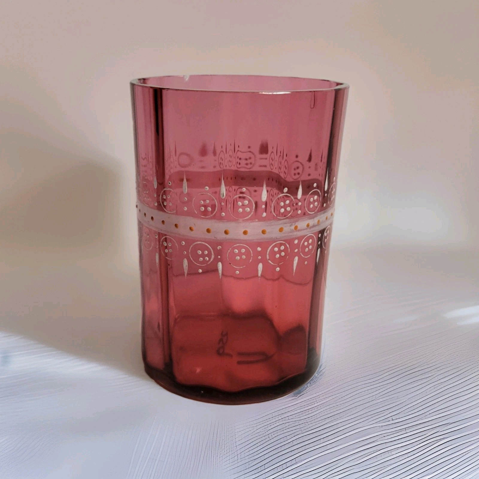 Antique Cranberry Glass Tumbler Handpainted Gold White Enamel Design