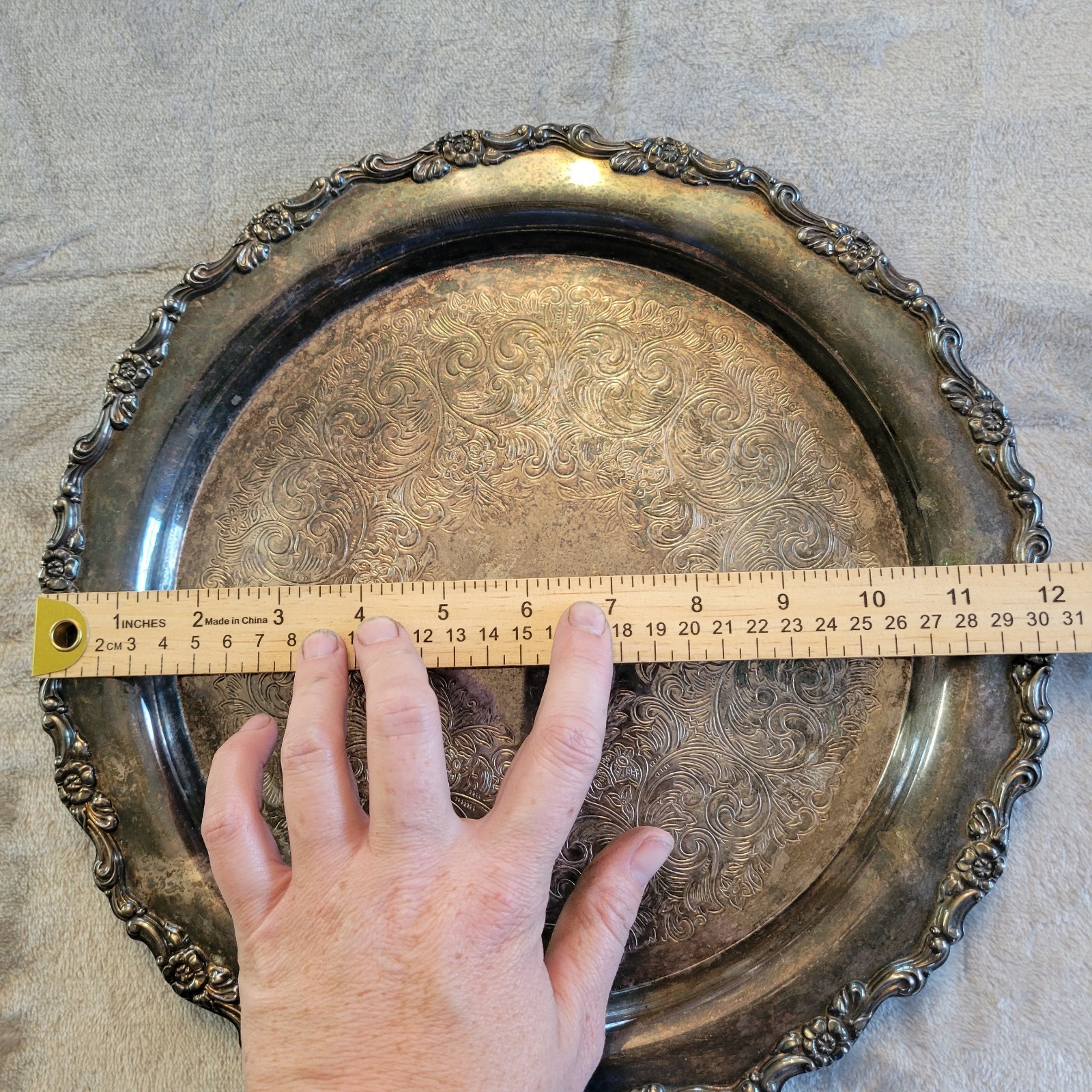 Vtg Silver Plated Serving Tray Ornate Edge Scroll Designs USA Cottagecore Patena