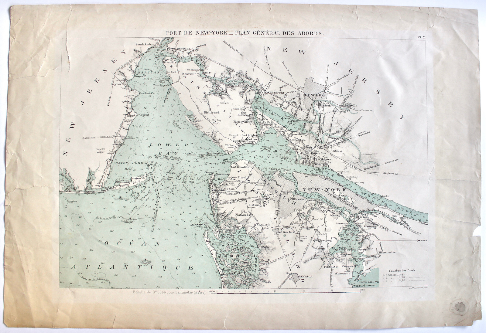 Antique NEW YORK Hydrographic Map: “Port de New York” LEMERCIER ca. 1890 SCARCE