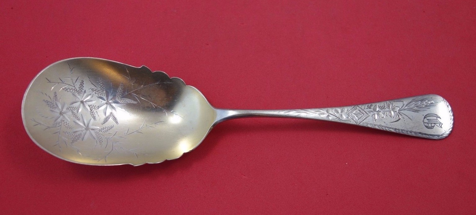 Antique Engraved Wheat by Vanderslice Sterling Silver Fruit Scoop with Flowers