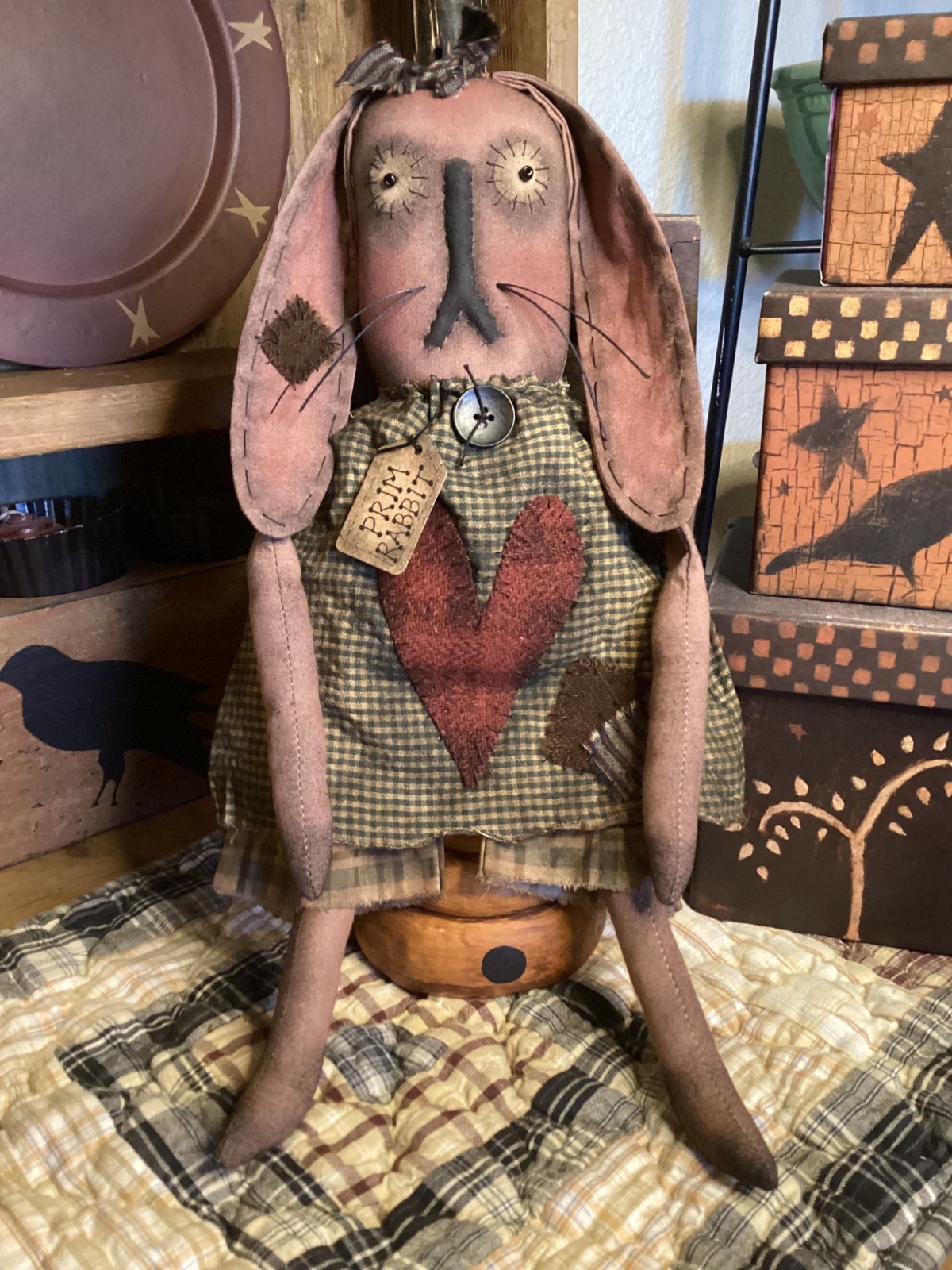 Primitive RABBIT DOLL BUNNY Handmade OOAK Signed Dated THREADBARE PRIMITIVES