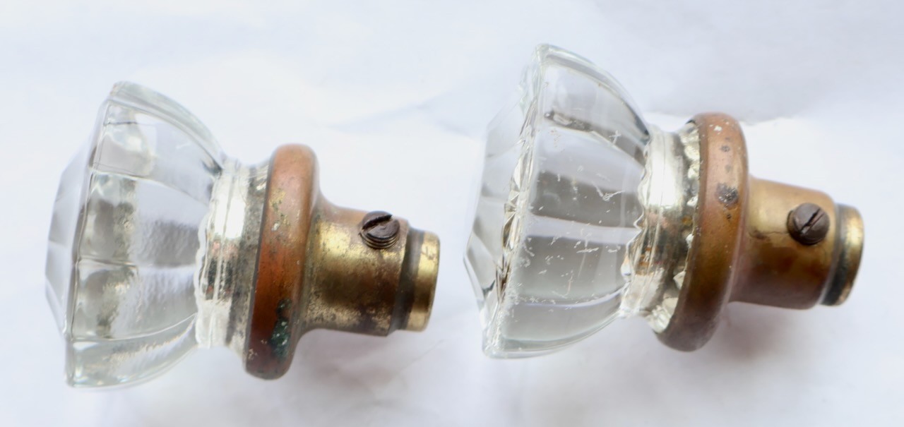 (2) Vintage Twelve Point Glass Doorknobs with Spindle / Hardware / Mt Top Tools