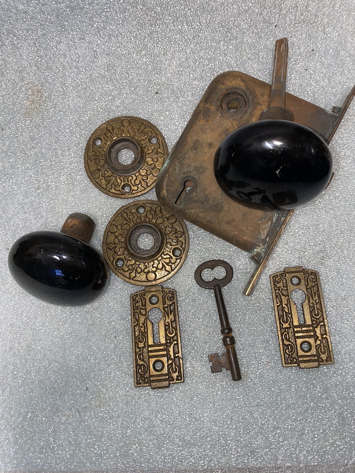 Antique Mortise, 2 Knobs & 2 Cast Iron Rosettes, 2 keyhole Covers