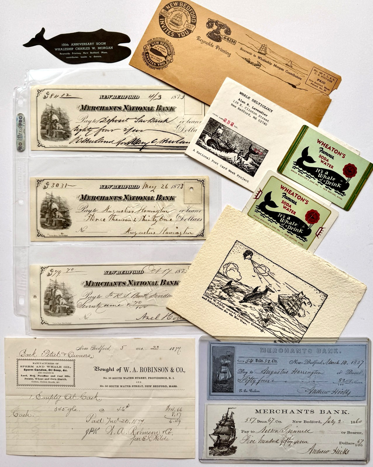 New Bedford MA Whaling Ephemera Lot Whale Checks Trade Cards Merchants Bank