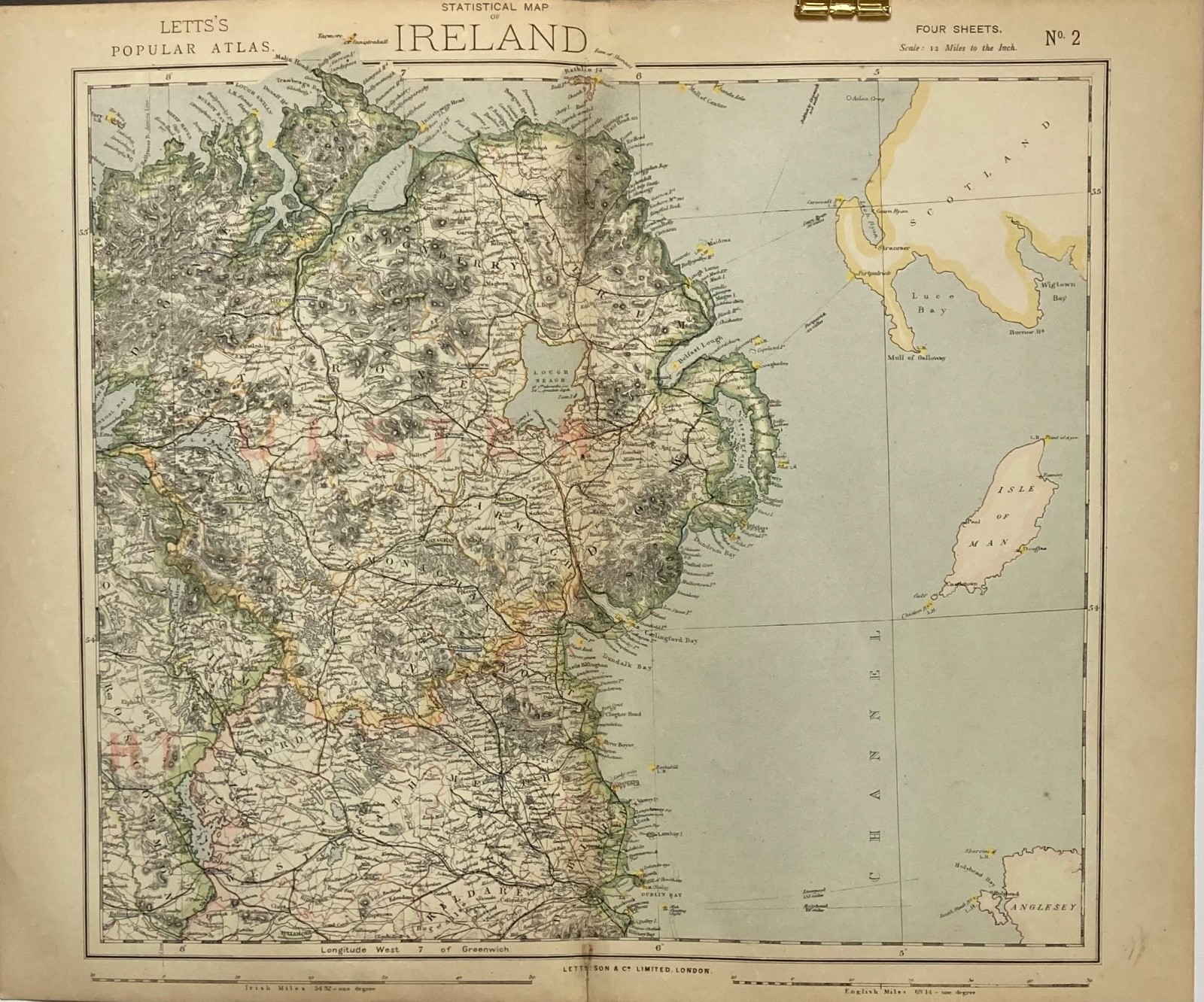 1881 LETTS MAP IRELAND NORTH EAST, Londonderry,Antrim,Tyrone,Donegal,Longford