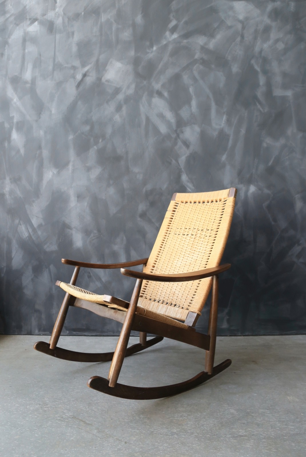 Vintage Mid Century Modern Yugoslavia Hans Wegner style woven cord rocking chair
