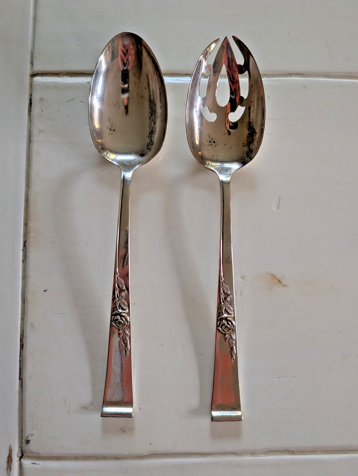 VTG 2 pc Reed & Barton Classic Rose Sterling Silver Table Serving Spoon Pierced