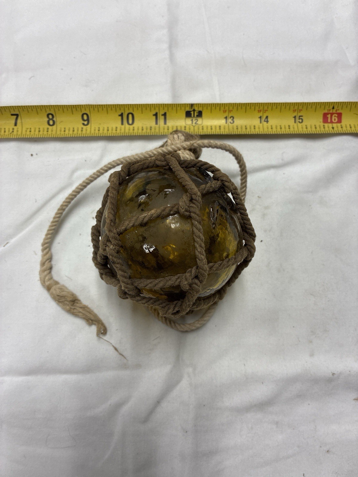 Vintage Nautical Amber Glass Fishing Float w/ Rope Net – Hand Blown Maritime Dec