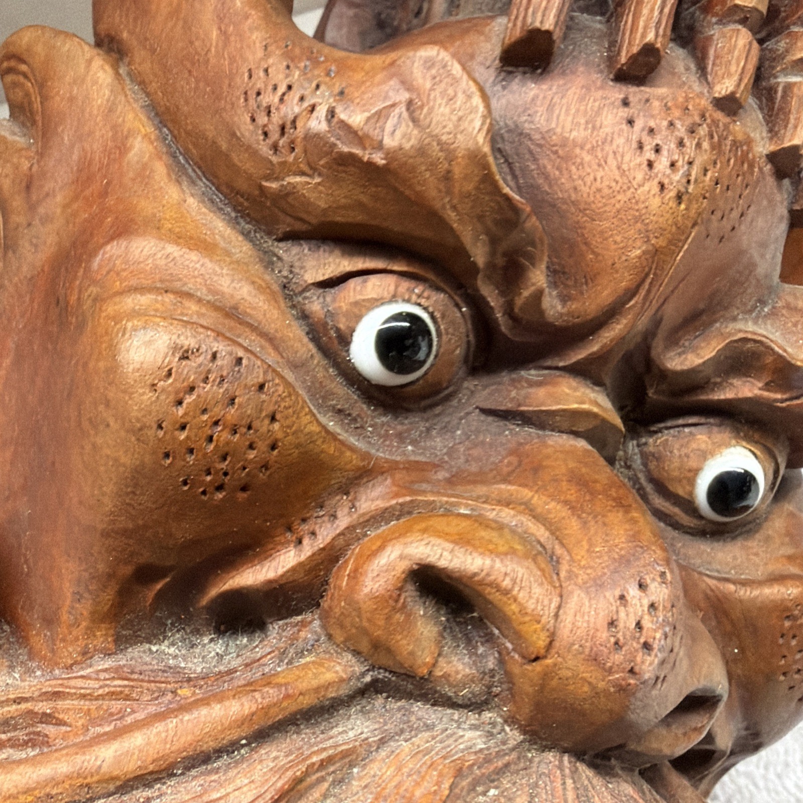 Antique SE Asian Naga Hand Carved Wood Demon Face Intricate Details 7” X 5”