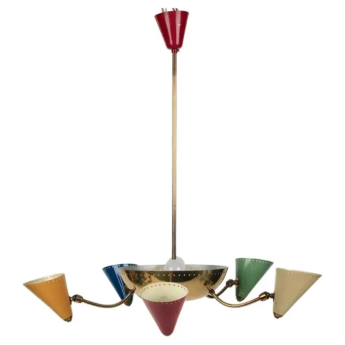 Antique Maritime Italian Chandelier In Brass and Colour Cones For Drawing room