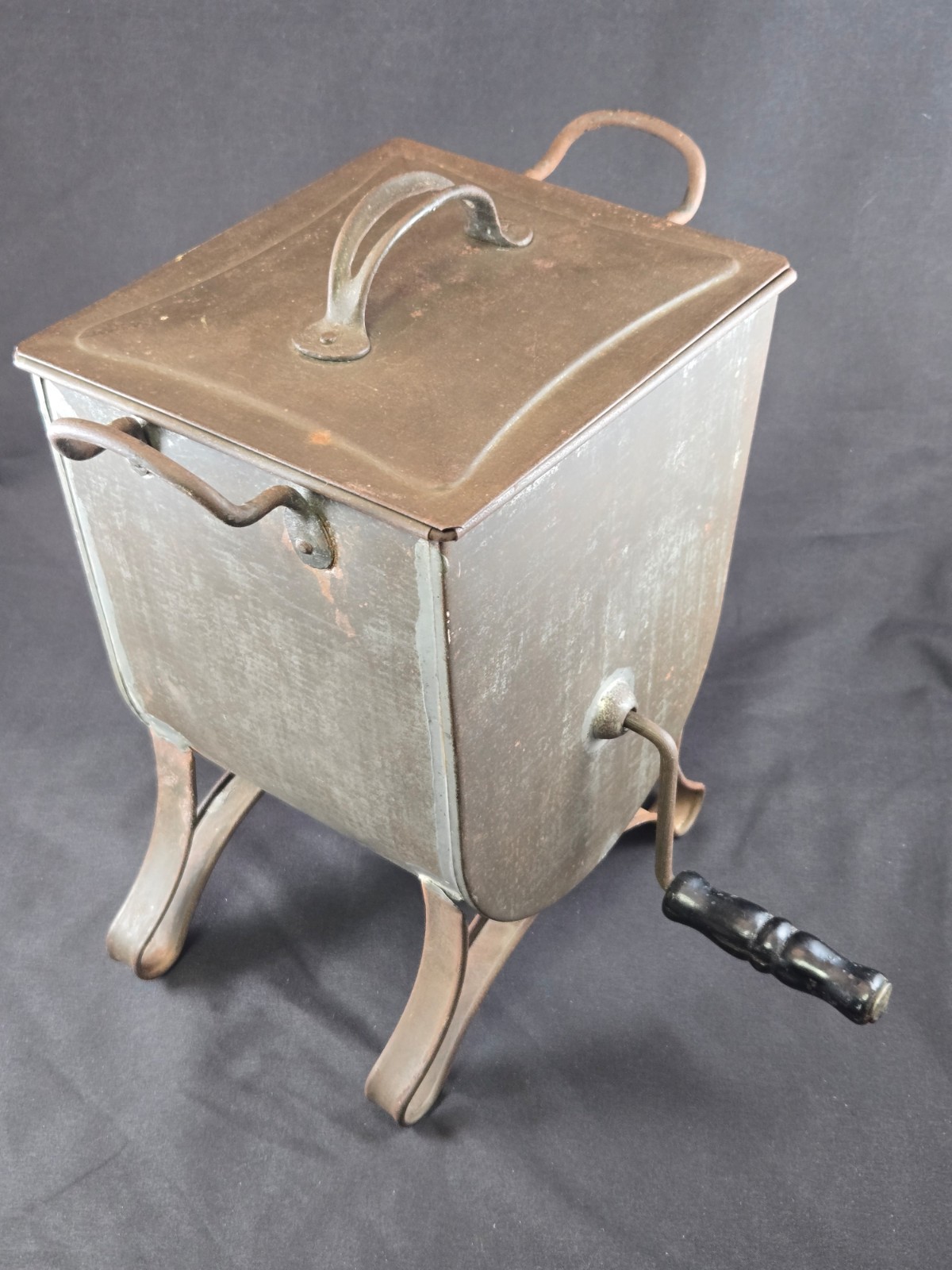 Antique c1900 FRIES Hand Crank Coffee Roaster Primitive Tin w Legs