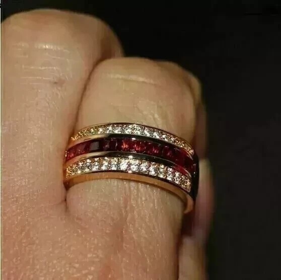 4 Ct Round Cut Lab-Created Ruby Diamond Band Wedding Ring 14k Yellow Gold Plated