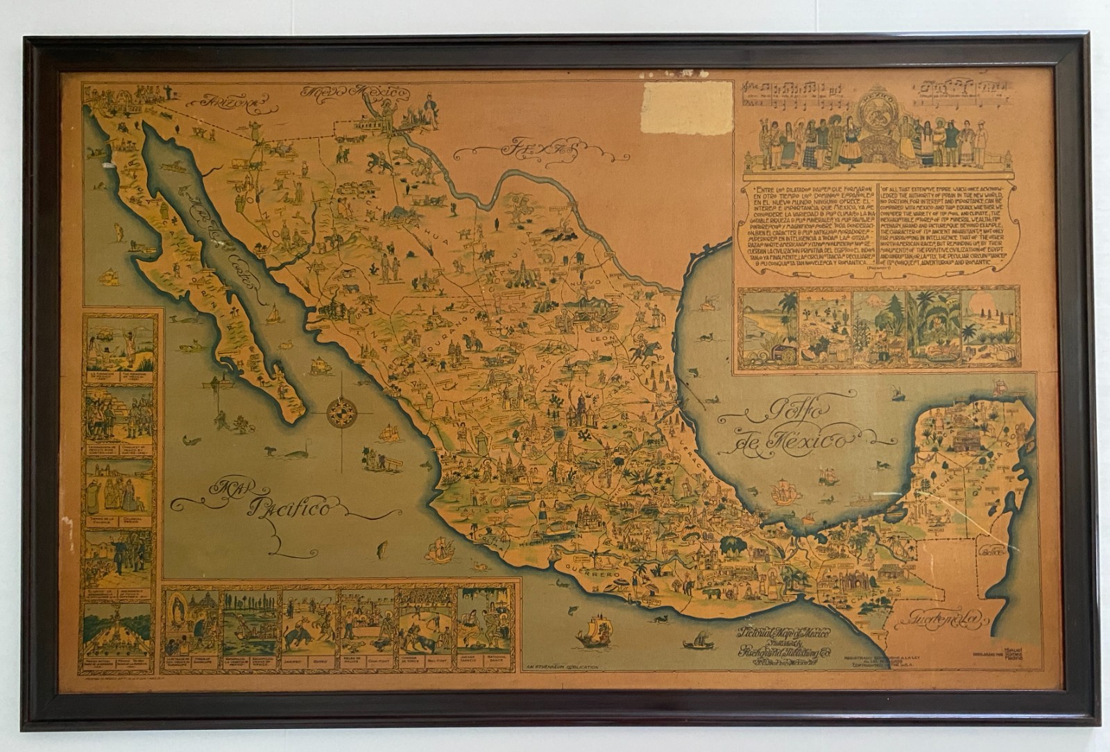 Vintage 1931 Miguel Gomez Medina Pictorial Map of Mexico Framed Art