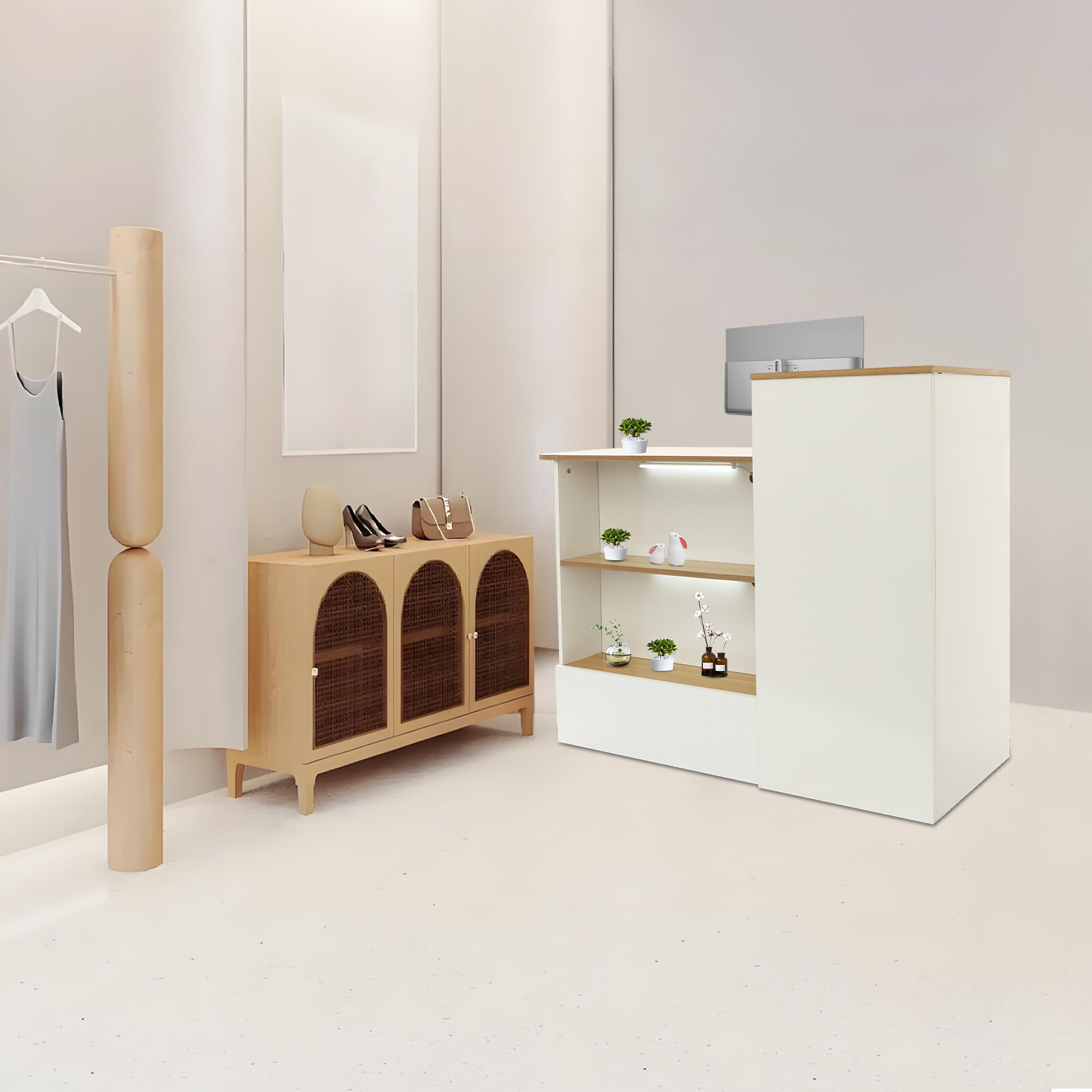 Modern Reception Desk w/Locking Drawer, Open Shelves White+Natural Finish 47.2in