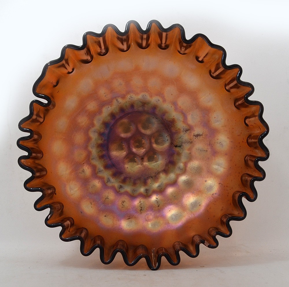 Vintage Carnival Glass Iridesent Ruffled Edges Crimped Deep Bowl