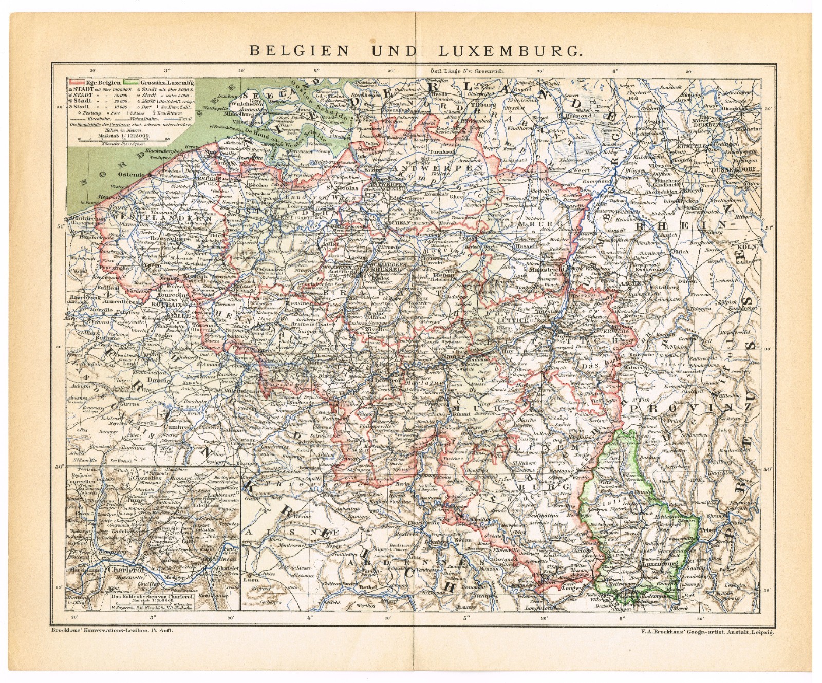 BELGIUM 1893 LUXEMBOURG Original Antigue Map Antwerp Brussels Bruxelles Bruges