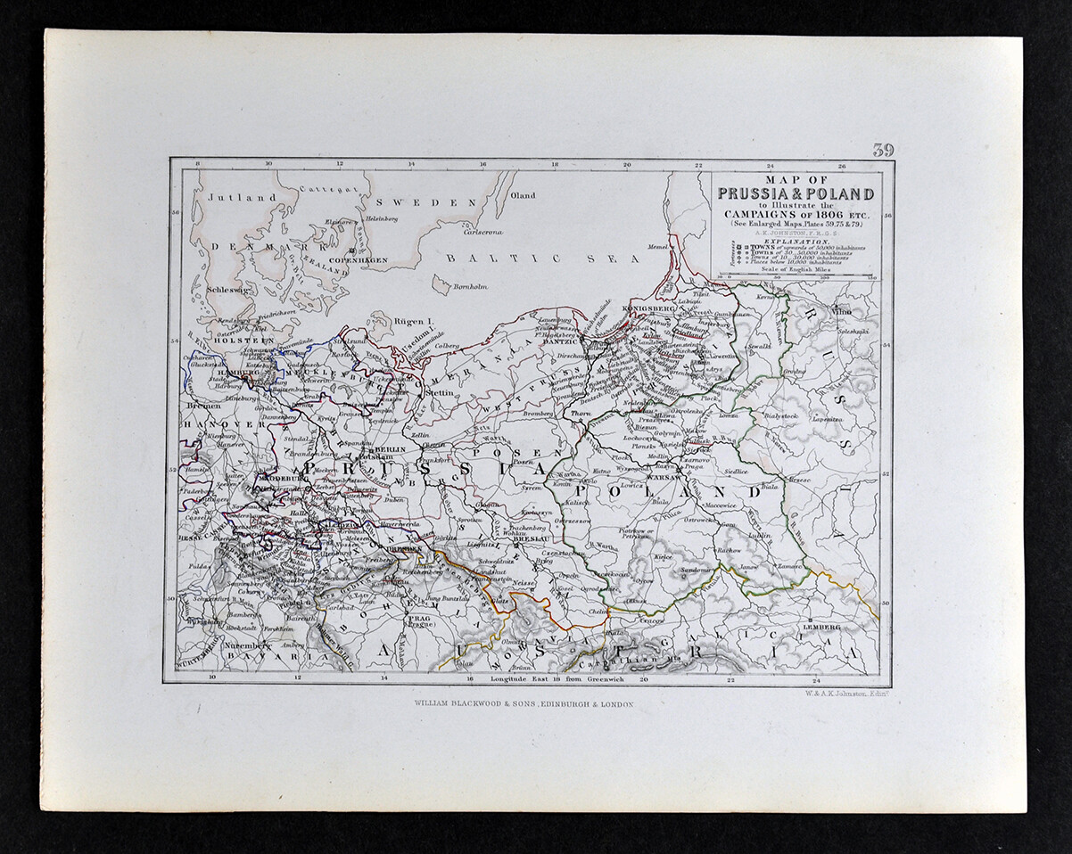 1855 Johnston Military Map Napoleon Prussia Poland 1806 Campaign Germany Russia