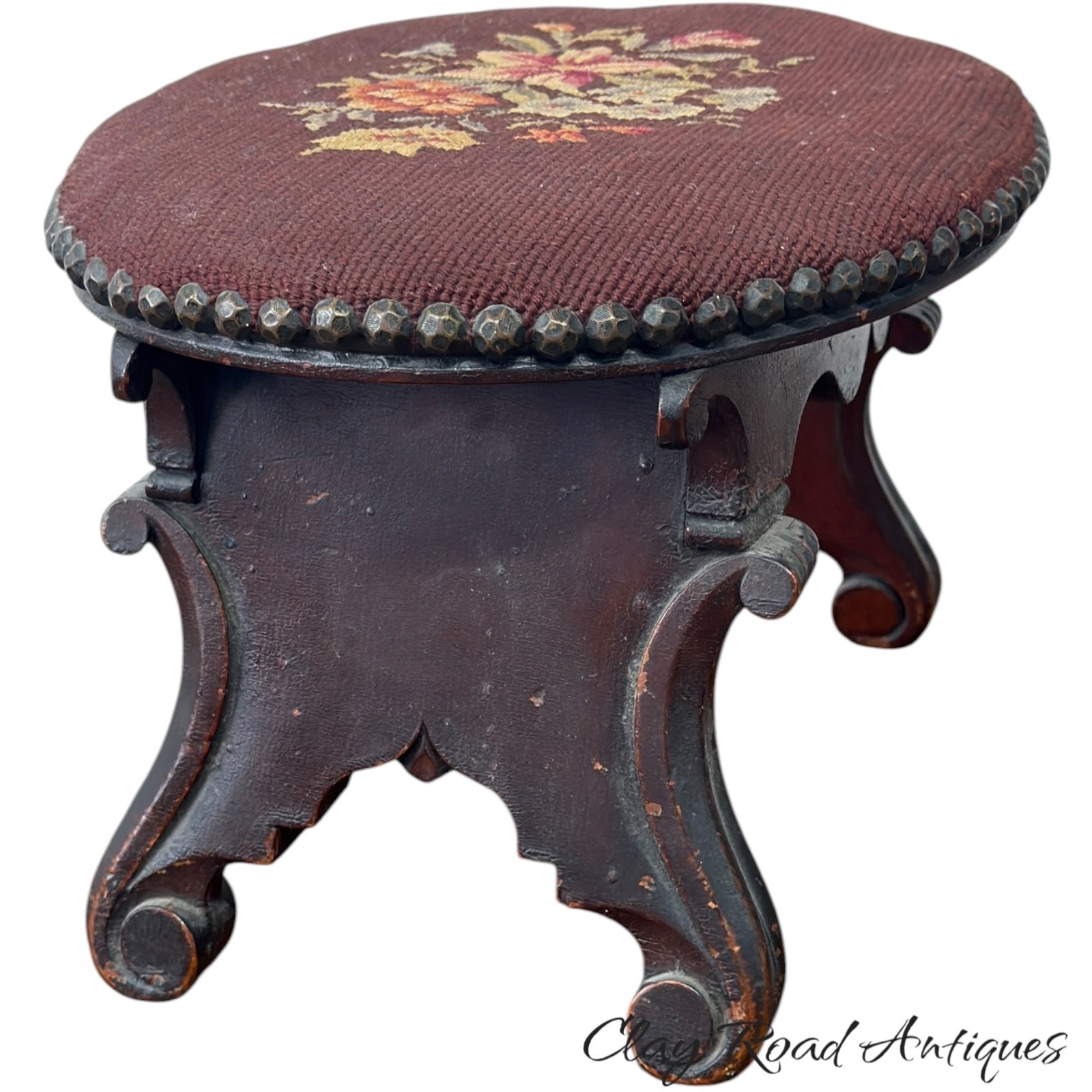 antique victorian walnut figured needlepoint foot stool 1880 original finish
