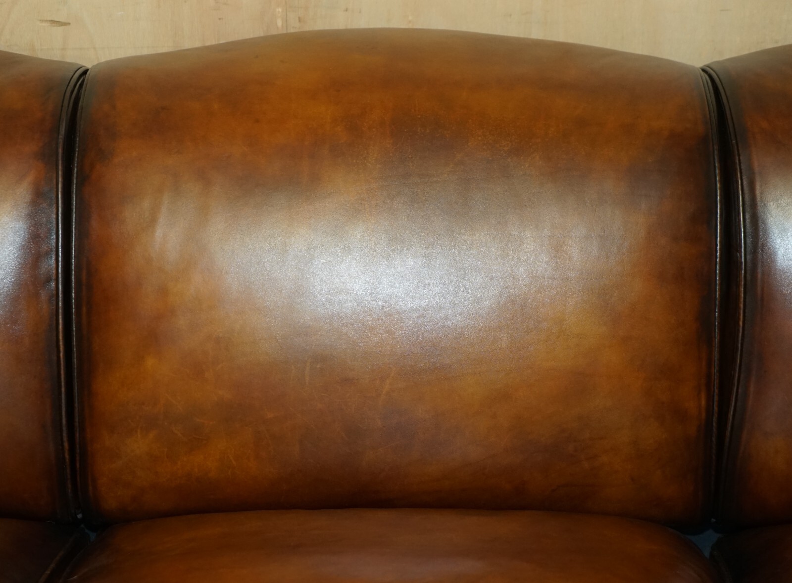 1 OF 2 LARGE GEORGE SMITH HOWARD & SON’S BROWN LEATHER SIGNATURE SCROLL ARM SOFA