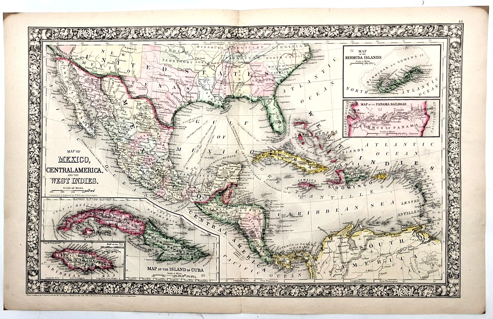 MEXICO – CENTRAL AMERICA – WEST INDIES – large antique 1860 map