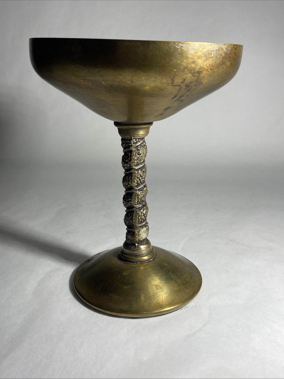 Vintage Solid Brass Gold Spanish Champagne Glass w/ Twisted Vine Stem MCM Patina