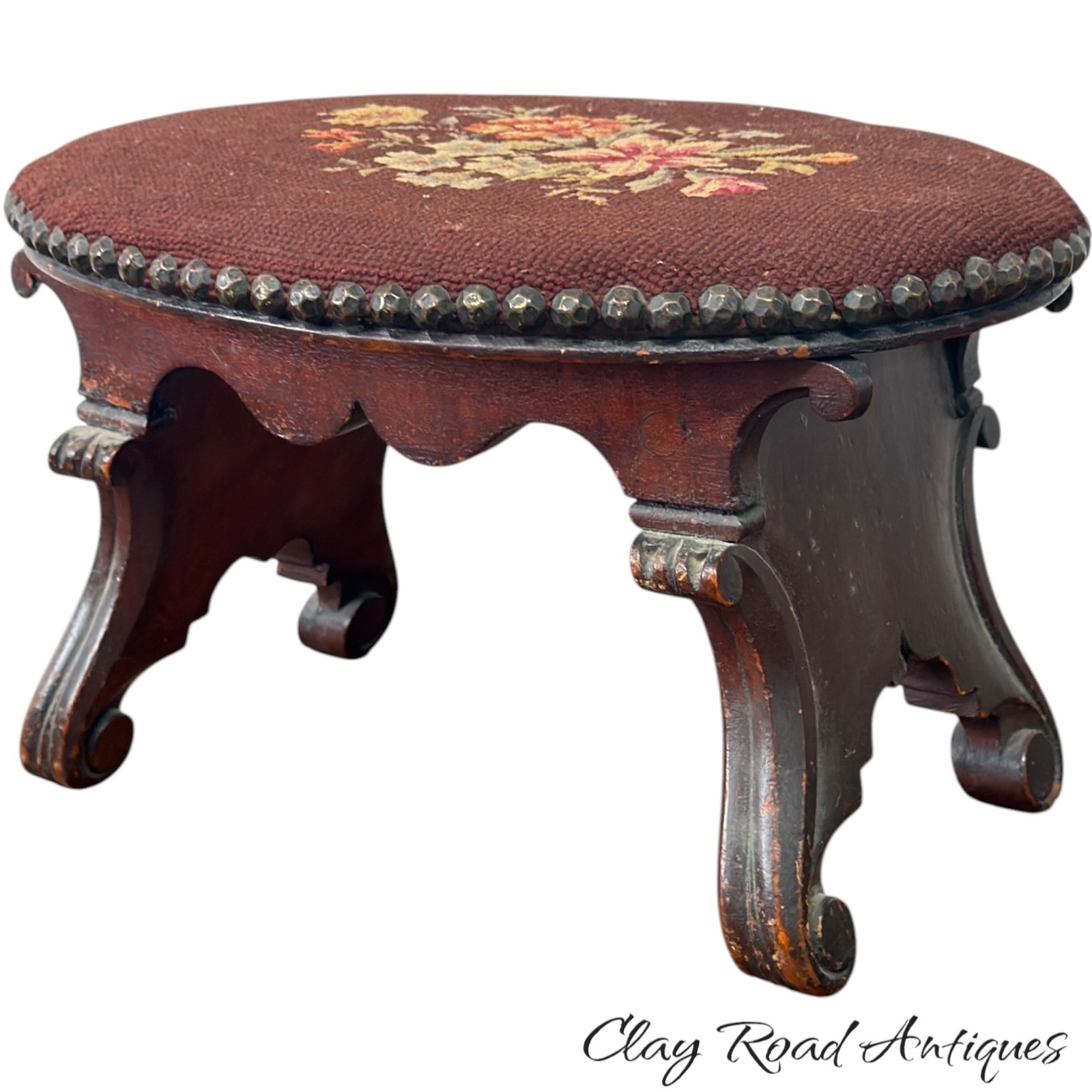 antique victorian walnut figured needlepoint foot stool 1880 original finish