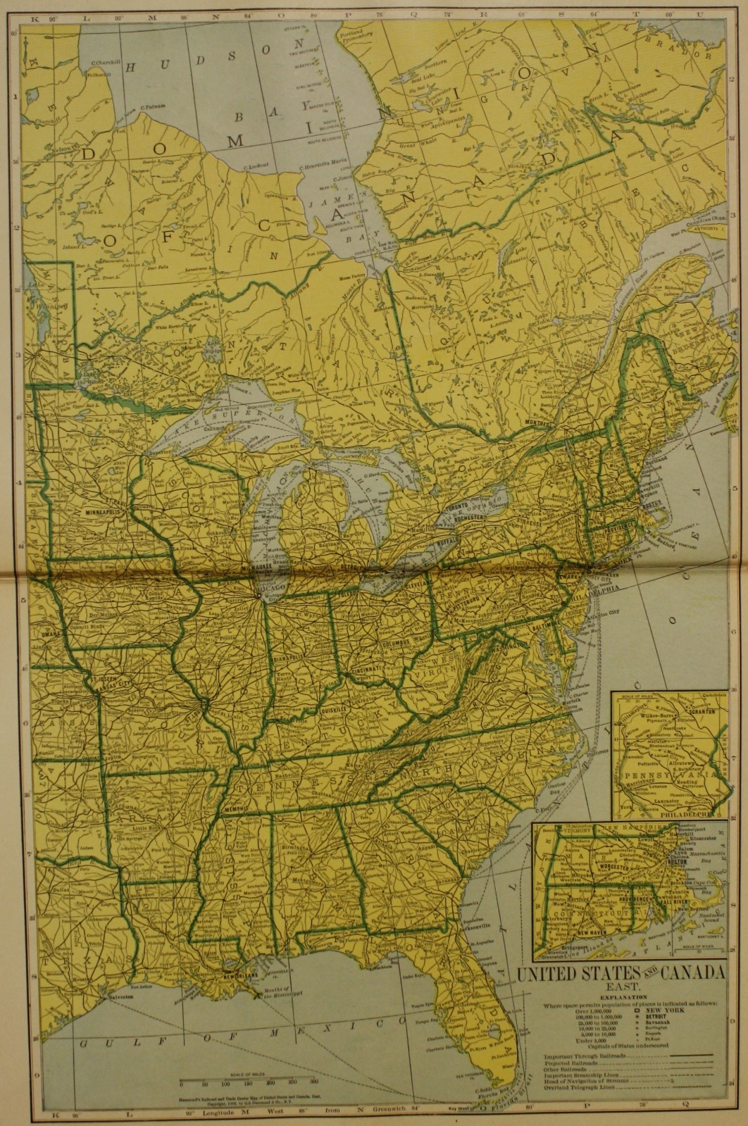 LARGE 1906 Antique Map EASTERN UNITED STATES & CANADA Map CHROMOLITHOGRAPH