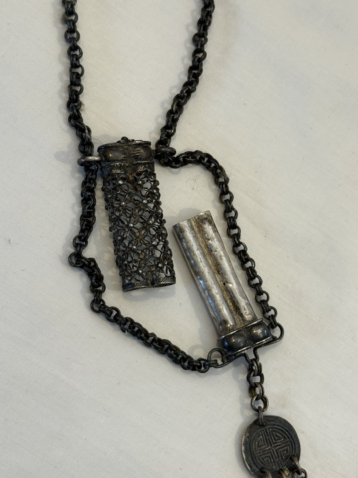 Antique Silver Chinese Opium Chatelaine With Tools and Snuff Box
