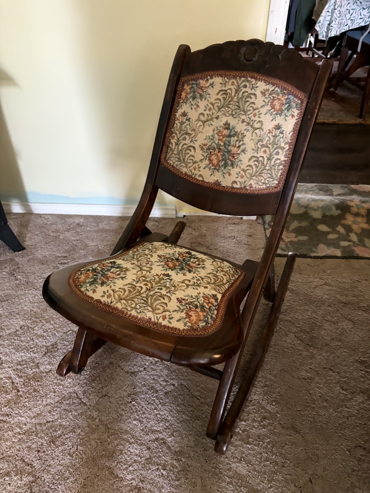 Antique VTG Folding Wood Rocking Chair Victorian Floral Tapestry Carved Accents
