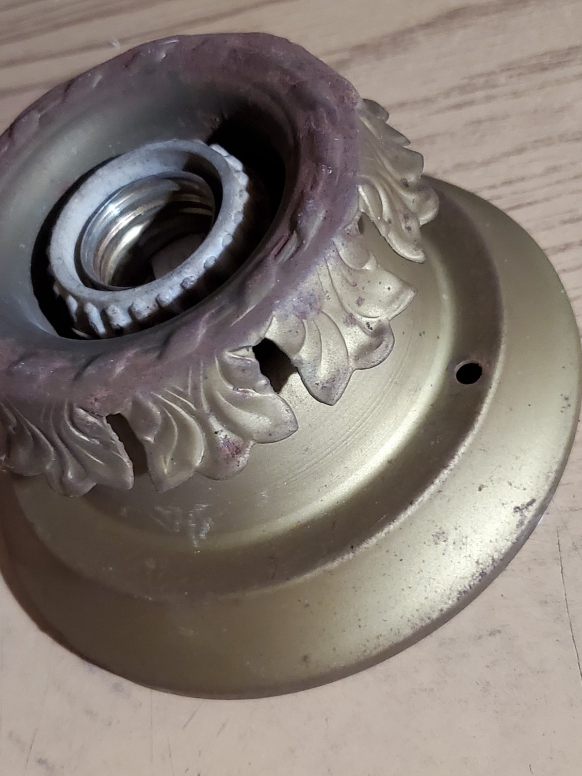 Rare Antique Vintage Flush Mount Pressed Brass Ceiling Single Light Flame Collar