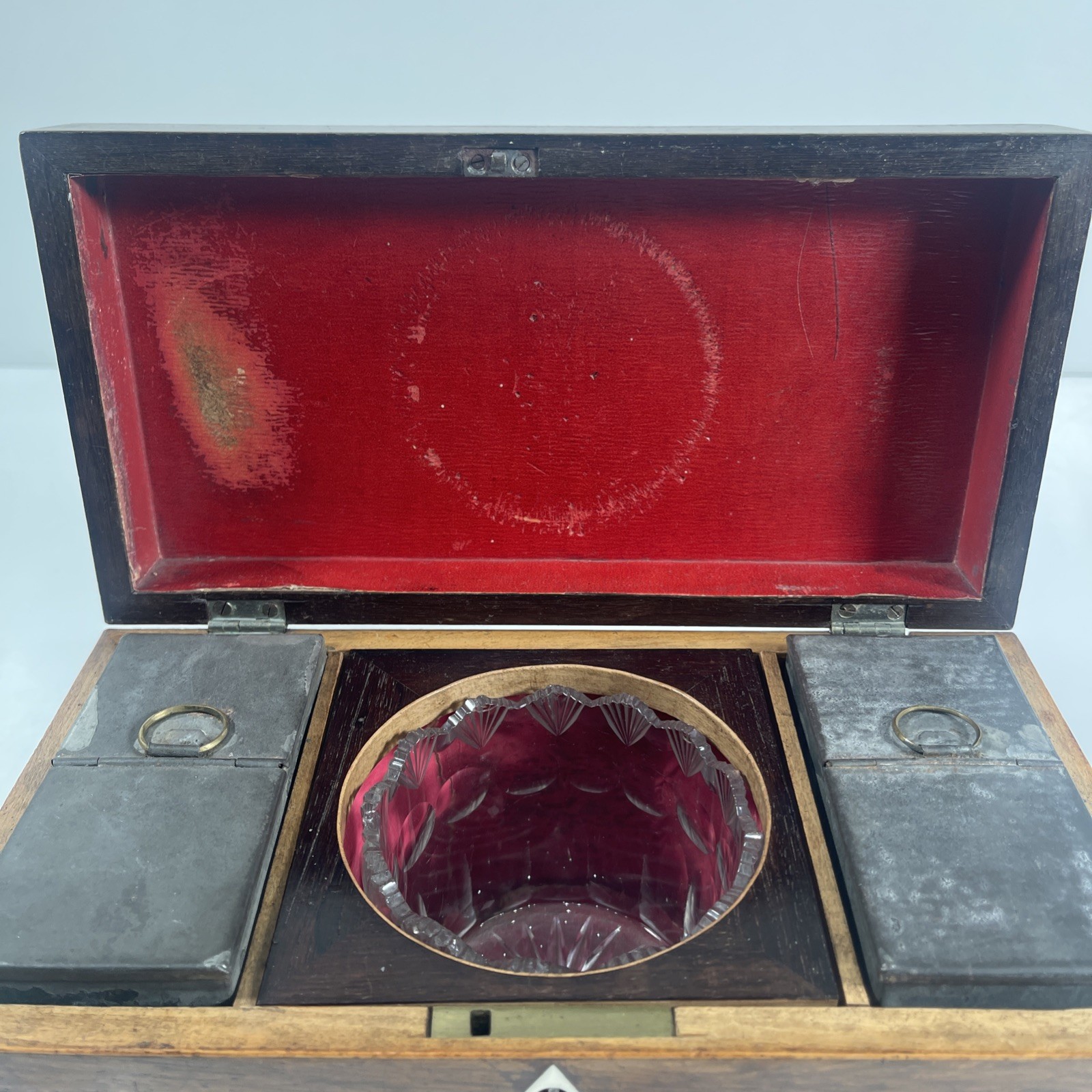 Regency Mahogany Two Compartment Tea Caddy & Central Cut Glass Mixing Bowl