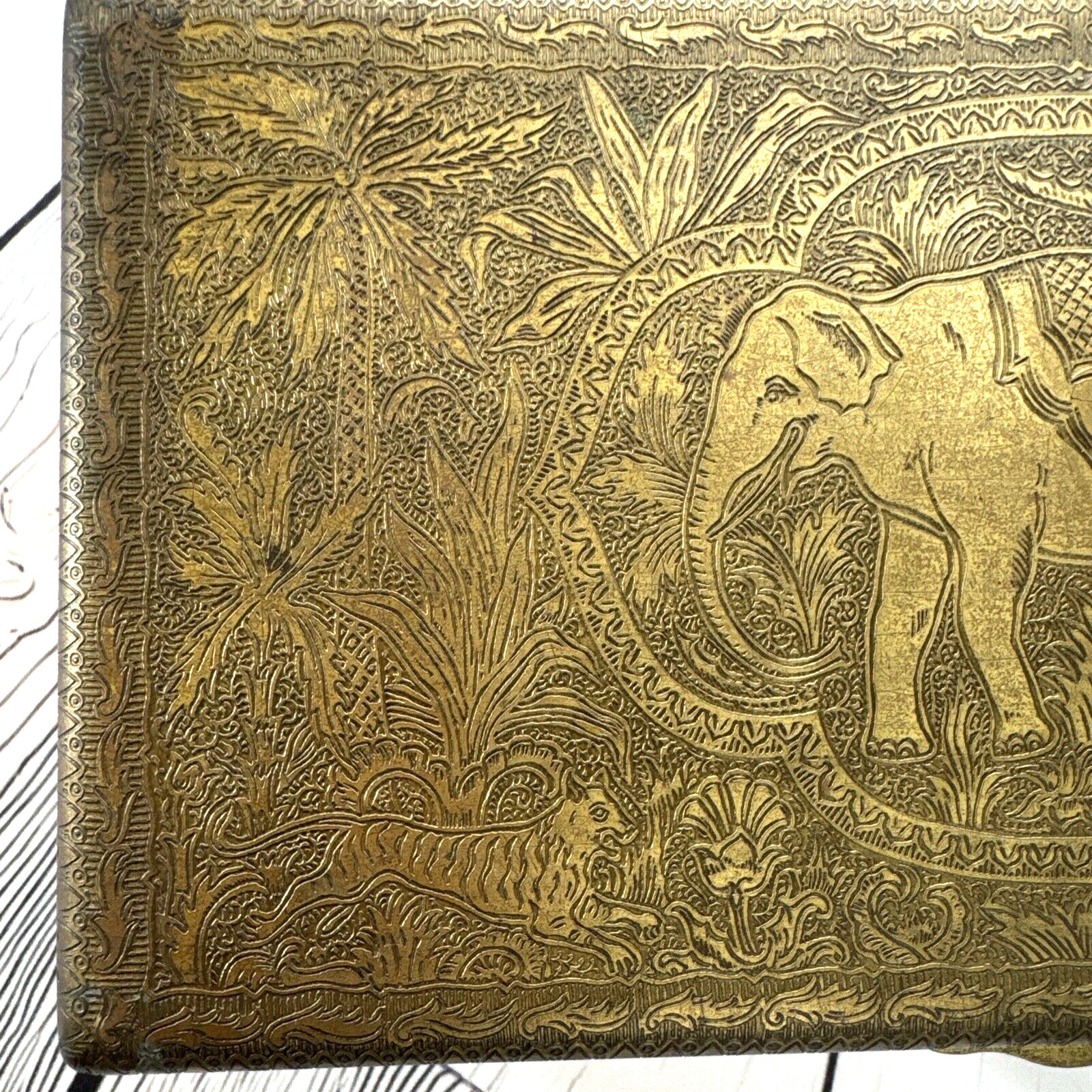 HAND TOOLED ENGRAVED SOLID BRASS STASH BOX CHEST ELEPHANT OX LION ELK HUNTER