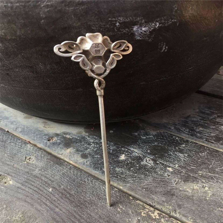 Distressed Antique Miscellaneous Copper-Nickel Silver Hairpin with Gems