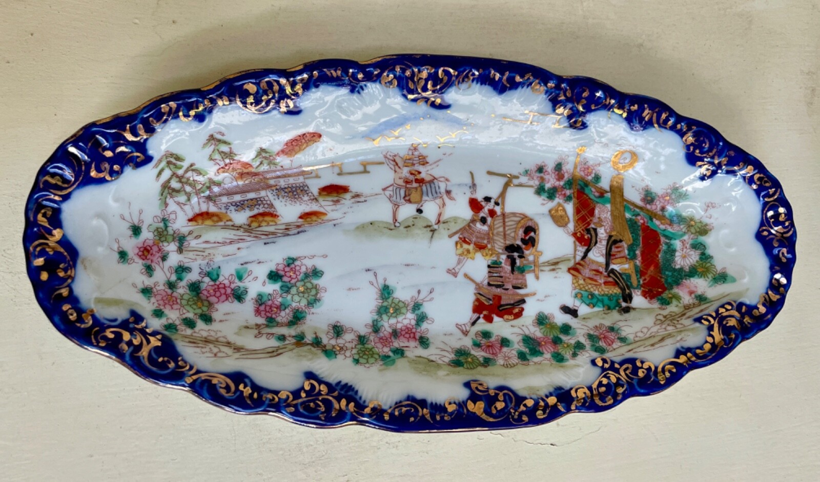 Gorgeous Flow Blue Hand Painted JAPAN Oval Celery Porcelain Serving Dish~6 x 12″