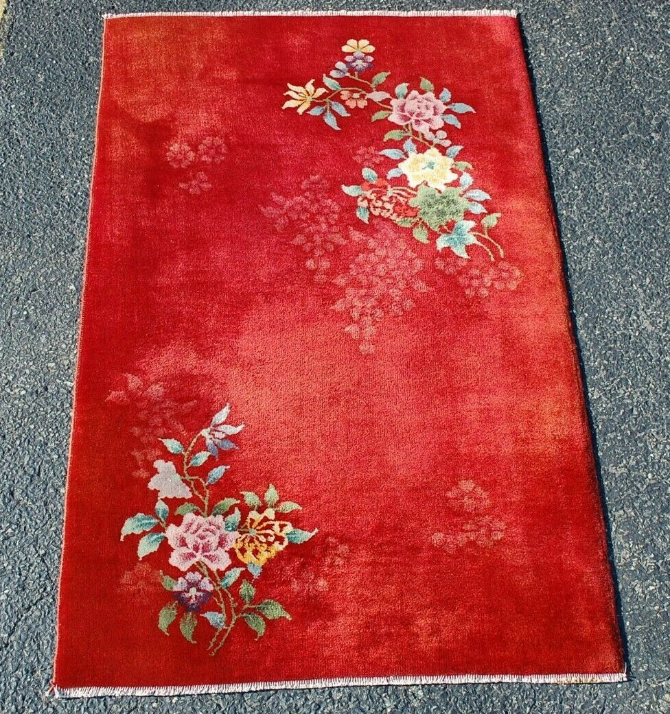 c1920s ANTIQUE ART DECO WALTER NICHOLS CHINESE RUG 3′ X 4’8″ GREAT COLORS