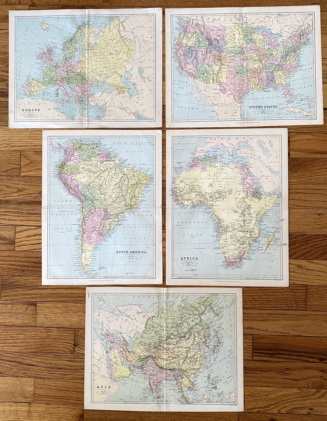 Set of 5 Antique Maps 1880s J. Bartholomew Blackie & Son Europe Asia USA Africa