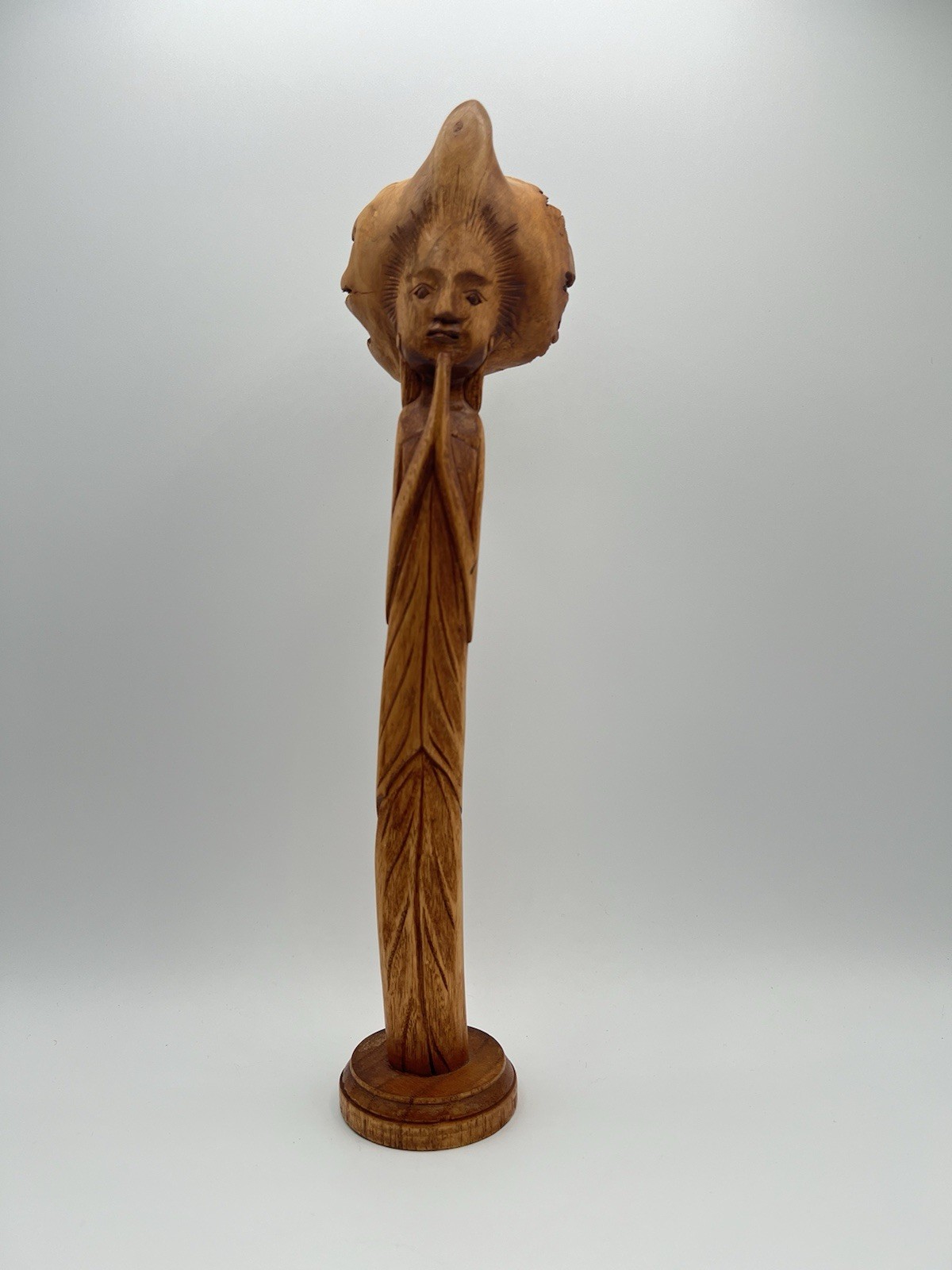 Vtg Burl Wood Hand Carved Woman Praying Handmade Art Carving Feminine MCM Unique