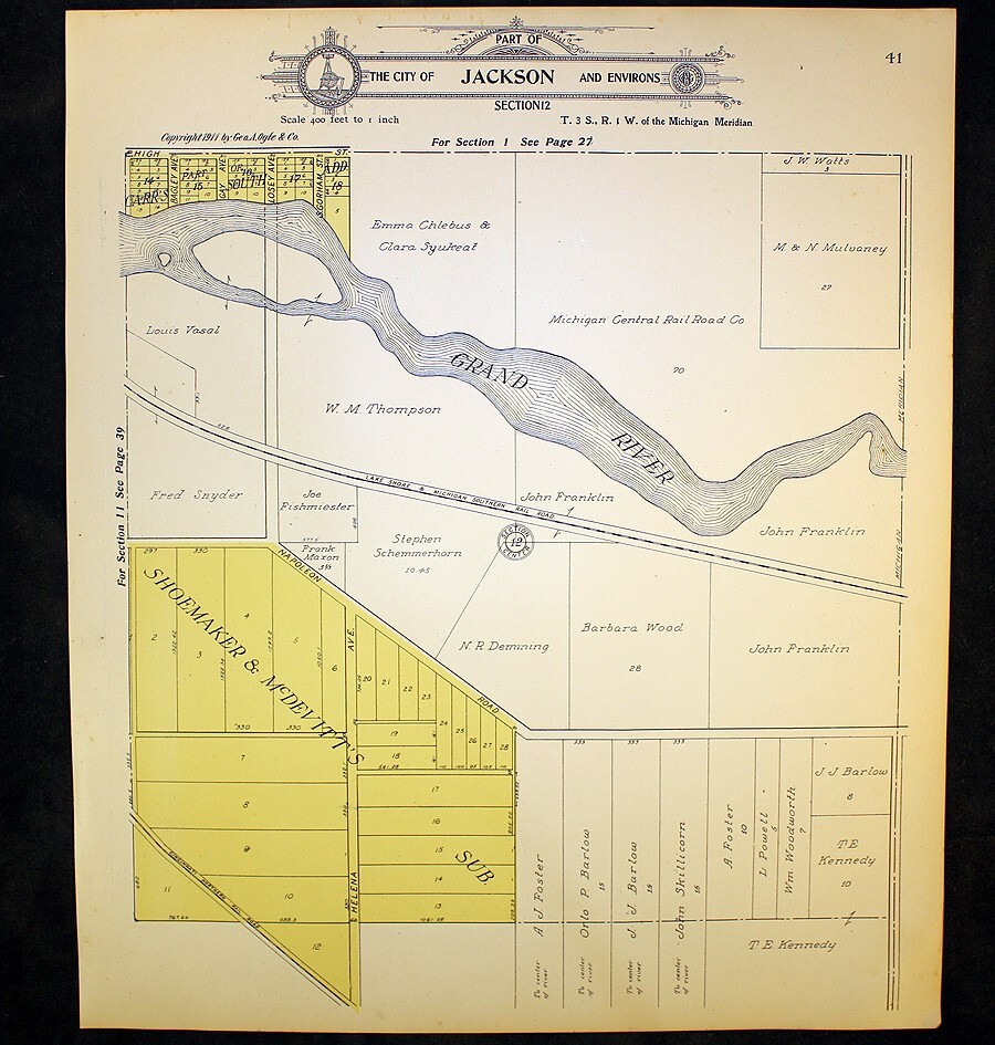 City of Jackson Michigan Part of 1911 Plat Map Grand River Napoleon Rd Losey
