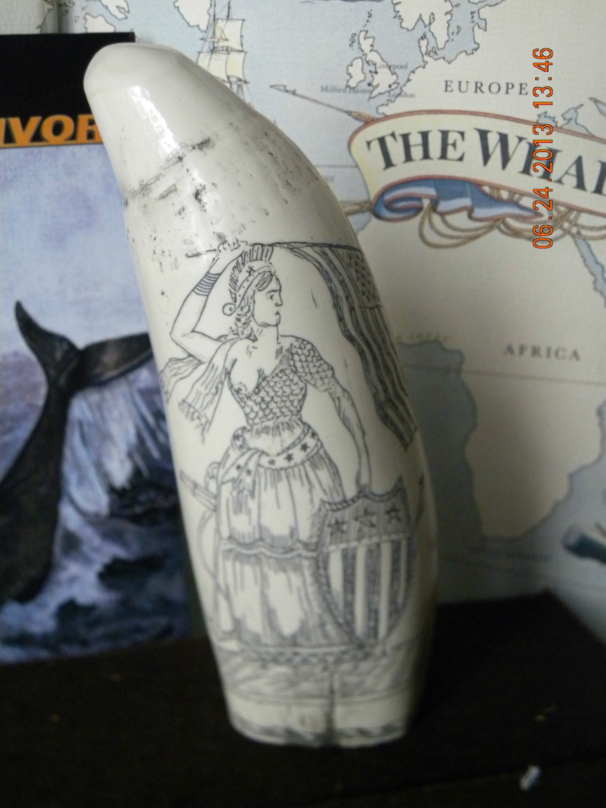 Scrimshaw SPERM WHALE tooth resin REPRODUCTION “LADY LIBERTY” 6&3/4 “