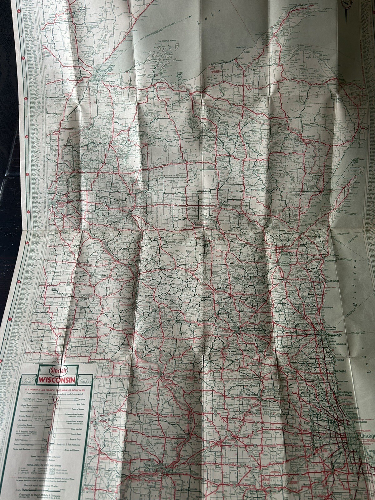 Vtg Wisconsin Sinclair HC Gasoline 1940s Road Map Foldable Paper 1C07